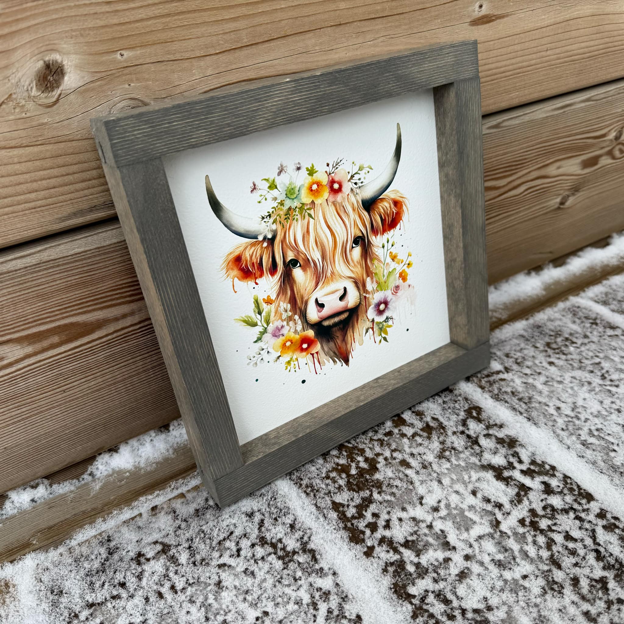 Highland Cow With Flowers Wood Sign