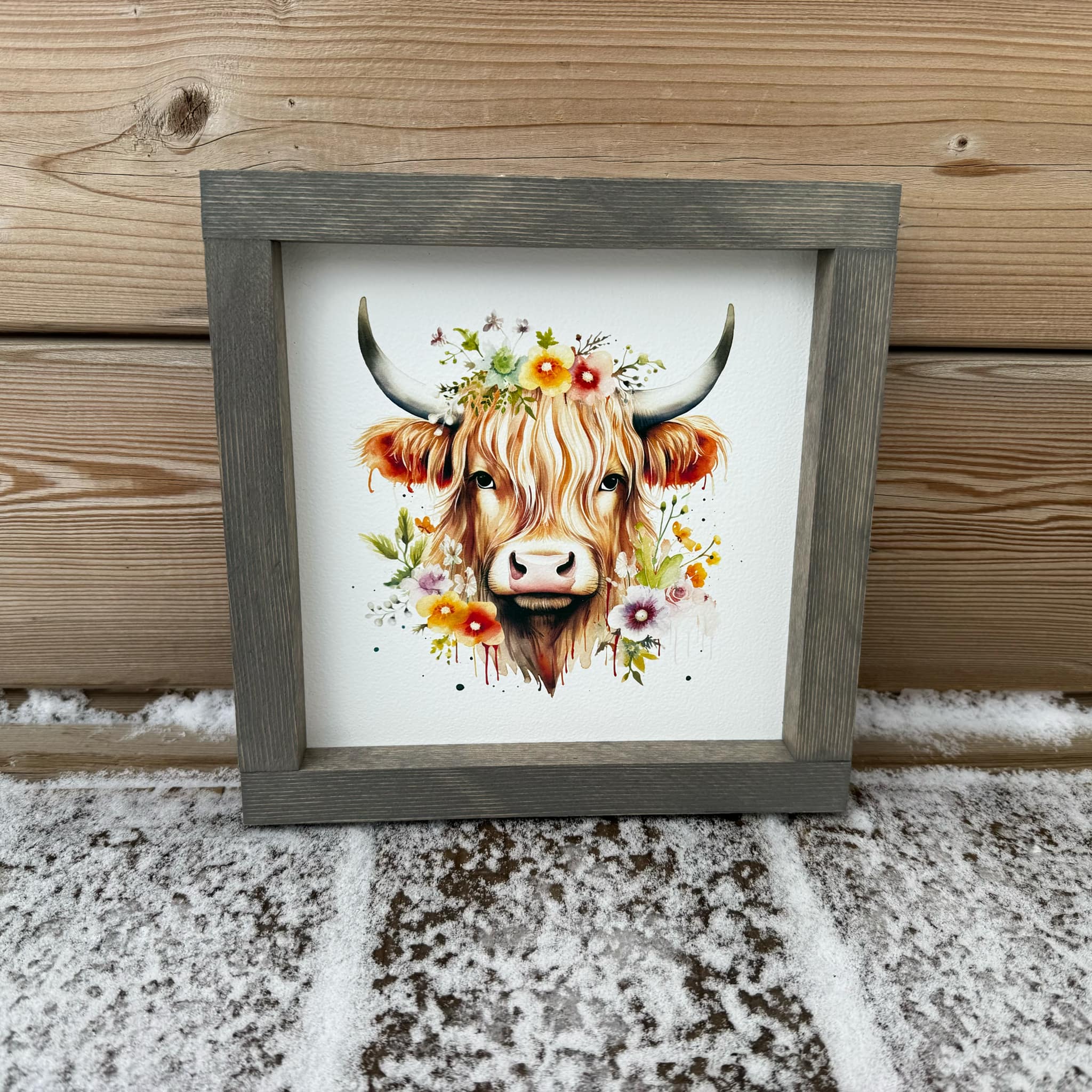 Highland Cow With Flowers Wood Sign