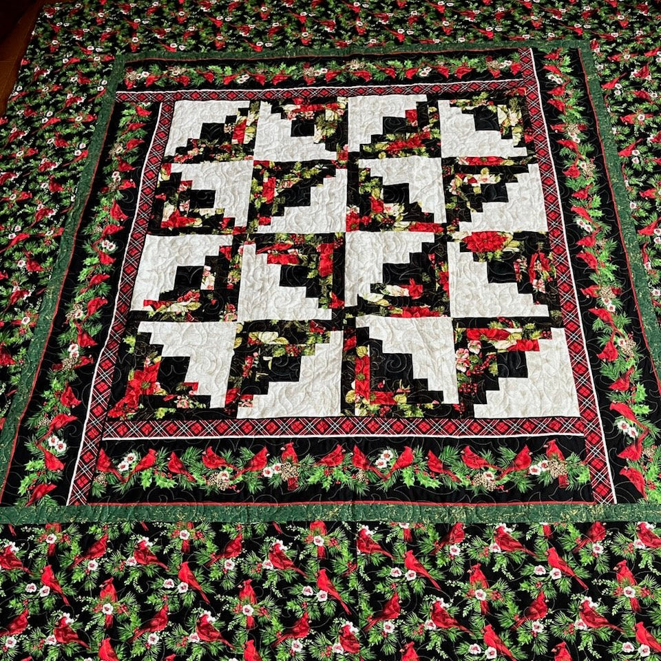 Log Cabin and Cardinals Quilt