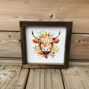 Highland Cow With Flowers Wood Sign