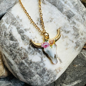 Enamel Stainless Steel Cow Skull Necklace