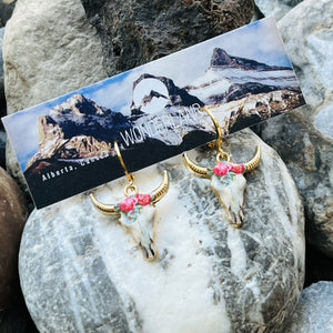 Enamel Cow Skull Earrings - Small Hoops